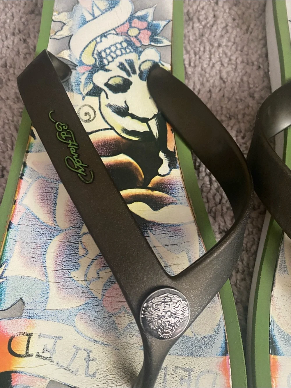 Vintage Ed Hardy Tattoo-Print Flip Flops in Green and Black